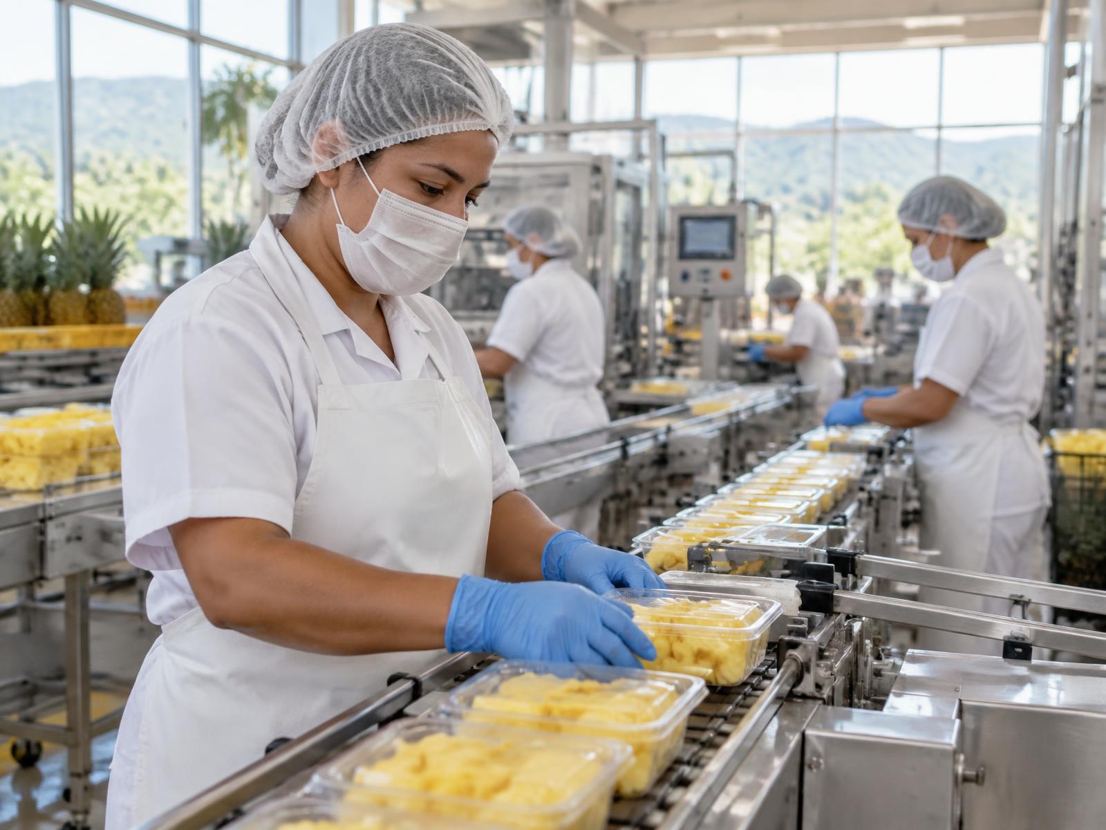 Equipo de producción de alimentos en planta, con uniformes de higiene