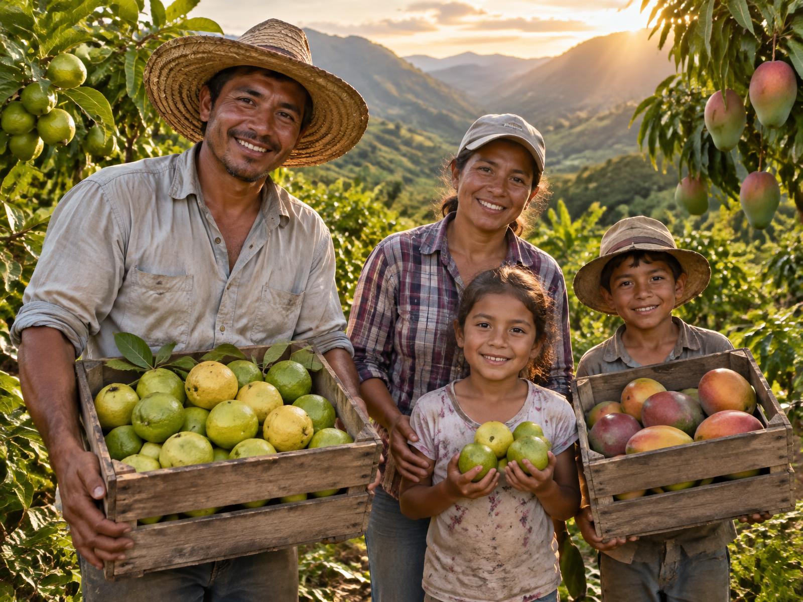 Familia de cultivadores colombianos con cajas de guayaba y mango recién cosechados